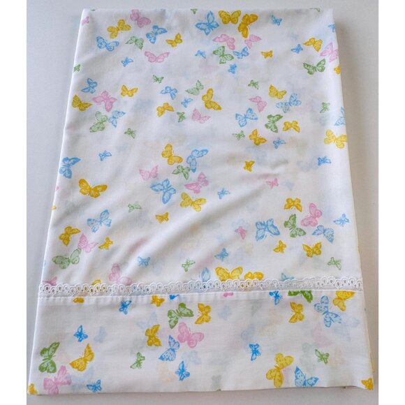 Vintage 70s flat sheet, yellow, pink, blue green butterflies, twin size, Dior - Picture 3 of 8